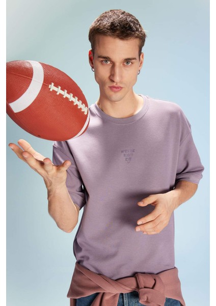 Loose Fit Bisiklet Yaka Baskılı Kısa Kollu Ağır Kumaş Tişört B9675AX23WN