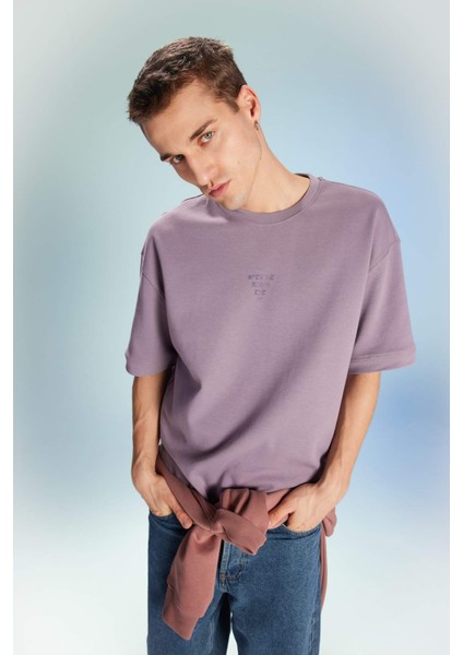 Loose Fit Bisiklet Yaka Baskılı Kısa Kollu Ağır Kumaş Tişört B9675AX23WN