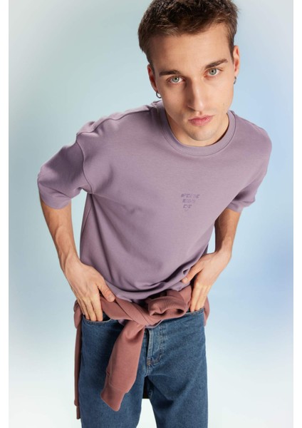 Loose Fit Bisiklet Yaka Baskılı Kısa Kollu Ağır Kumaş Tişört B9675AX23WN