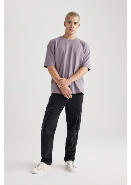 Loose Fit Bisiklet Yaka Baskılı Kısa Kollu Ağır Kumaş Tişört B9675AX23WN