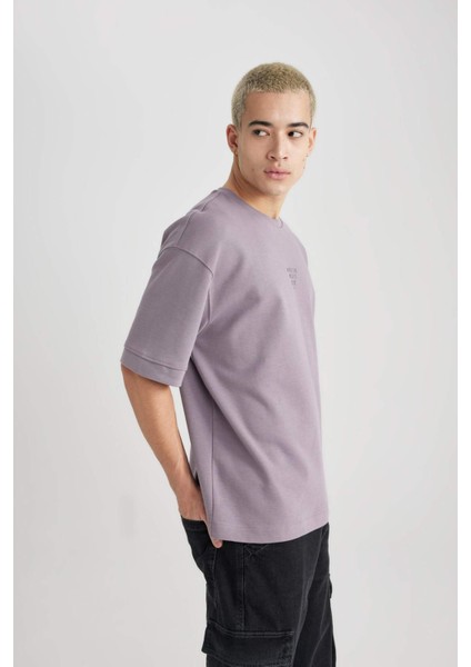 Loose Fit Bisiklet Yaka Baskılı Kısa Kollu Ağır Kumaş Tişört B9675AX23WN