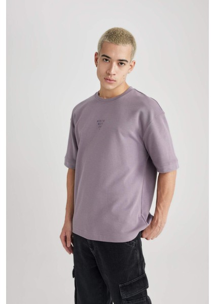 Loose Fit Bisiklet Yaka Baskılı Kısa Kollu Ağır Kumaş Tişört B9675AX23WN