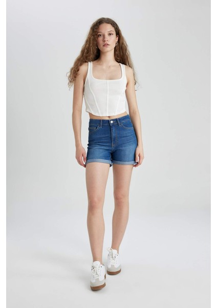 Normal Bel Katlamalı Paça Basic Düz Jean Şort A1959AX24SM