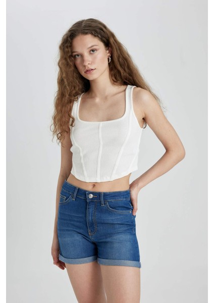 Normal Bel Katlamalı Paça Basic Düz Jean Şort A1959AX24SM