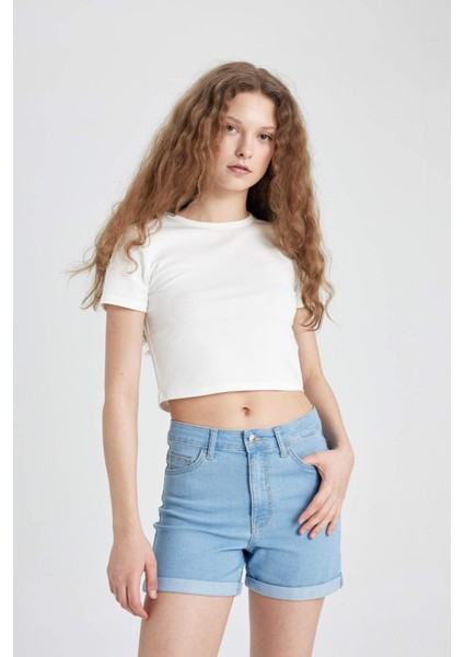 Normal Bel Katlamalı Paça Basic Düz Jean Şort A1959AX24SM