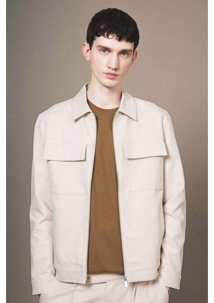 Mont Ceket Gömlek Yaka Yarım Astar Fermuarlı Cepli Mevsimlik Baharlık Keten B6333AX24SP