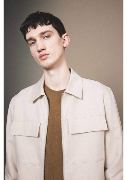 Mont Ceket Gömlek Yaka Yarım Astar Fermuarlı Cepli Mevsimlik Baharlık Keten B6333AX24SP