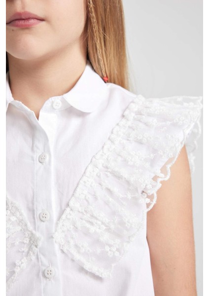 Kız Çocuk 23 Nisan Çocuk Bayramı Poplin Kısa Kollu Beyaz Gömlek B5114A824SM