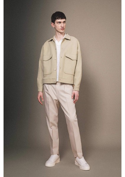 Relax Fit Polo Yaka Astarlı Düğmeli Cepli Mevsimlik Baharlık Keten Ceket Mont B6958AX24SP