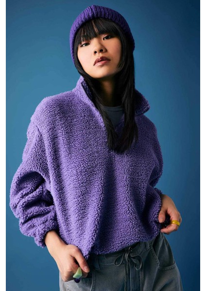 Coool Oversize Fermuarlı Dik Yaka Basic Düz Pelüş Sweatshirt B9836AX23WN