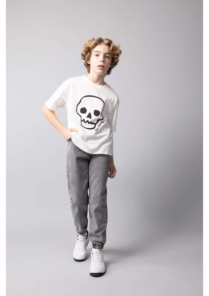 Erkek Çocuk Oversize Geniş Kalıp Bisiklet Yaka Nakışlı Kısa Kollu Tişört