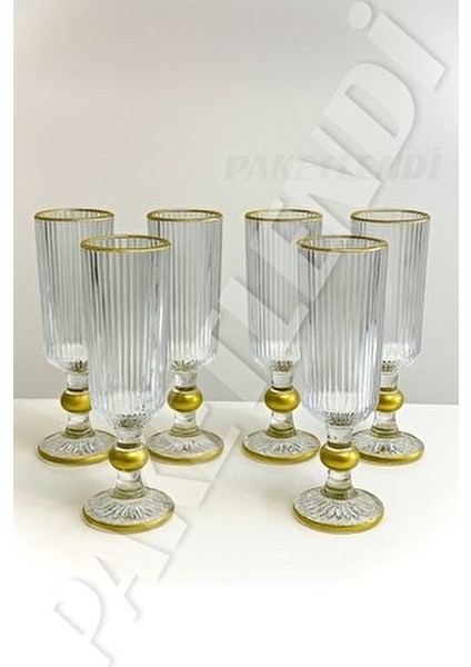 El Yapımı Çizgili Ayaklı Kristal Gold Cam Kahve Yanı Su Bardağı 165ML - 6 Adet