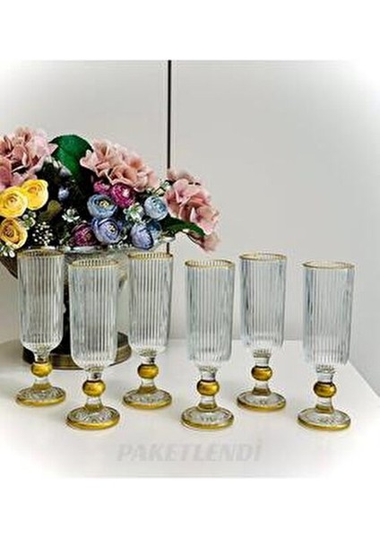 El Yapımı Çizgili Ayaklı Kristal Gold Cam Kahve Yanı Su Bardağı 165ML - 6 Adet modelleri