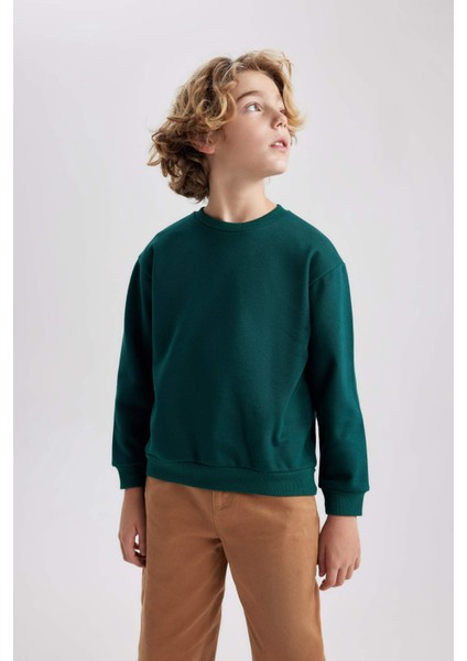 Erkek Çocuk Yeşil Regular Fit Düz Kesim Basic Düz Kapüşonlu Sweatshirt B7772A8NS