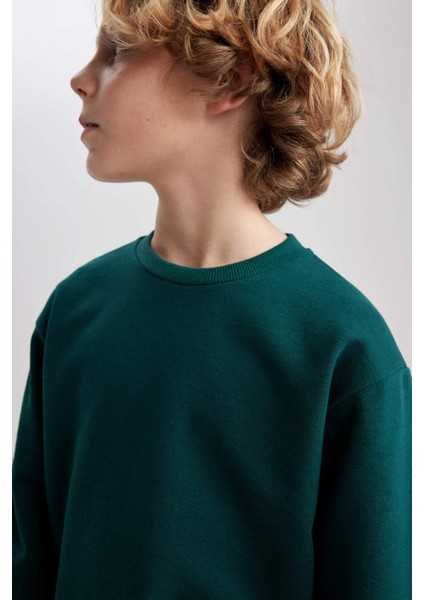 Erkek Çocuk Yeşil Regular Fit Düz Kesim Basic Düz Kapüşonlu Sweatshirt B7772A8NS