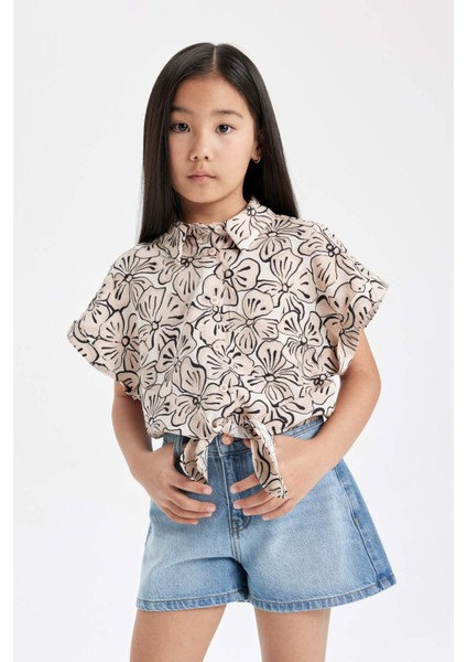 Kız Çocuk Crop Kısa Kollu Desenli Gömlek