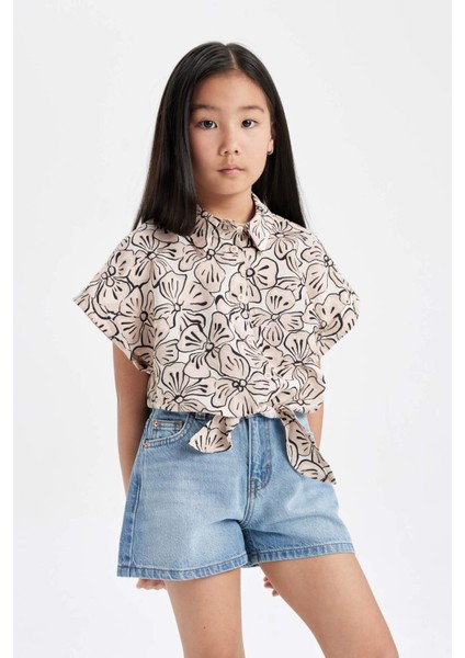 Kız Çocuk Crop Kısa Kollu Desenli Gömlek