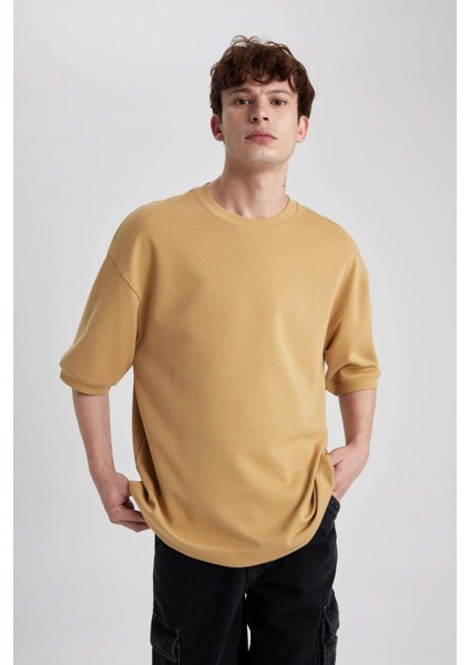 Loose Fit Bisiklet Yaka Kısa Kollu Ağır Kumaş Basic Düz Tişört B4844AX23WN