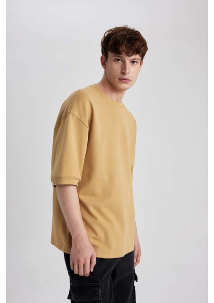 Loose Fit Bisiklet Yaka Kısa Kollu Ağır Kumaş Basic Düz Tişört B4844AX23WN