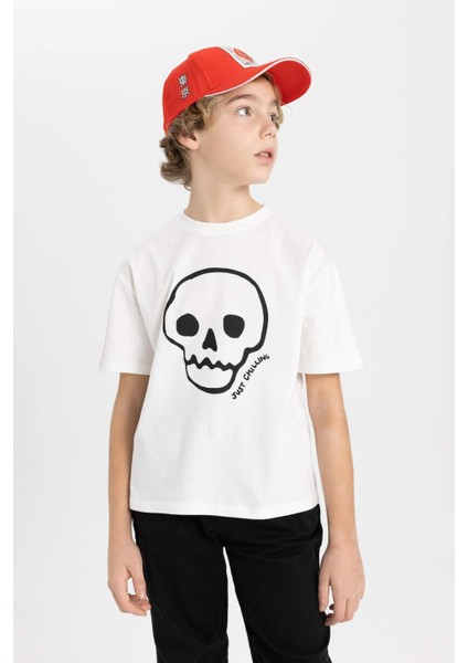 Erkek Çocuk Oversize Geniş Kalıp Bisiklet Yaka Nakışlı Kısa Kollu Tişört