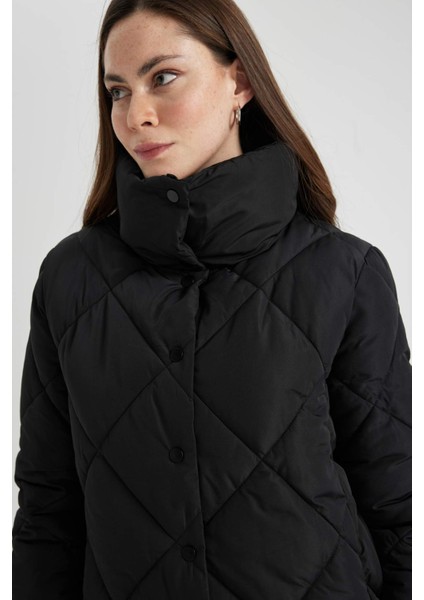 Su İtici Uzun Şişme Mont Dik Yaka Kapitoneli Çıtçıtlı Cepli Hafif C0489AX24SP