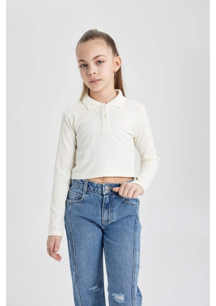 Kız Çocuk Polo Yaka Ribana Uzun Kollu Basic Düz Tişört B7407A824SP