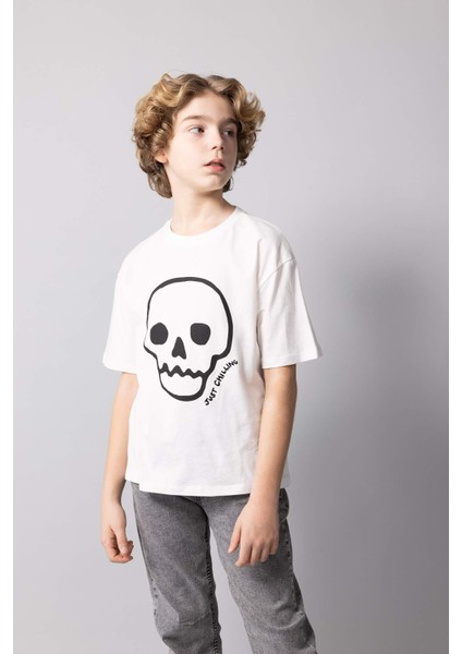 Erkek Çocuk Oversize Geniş Kalıp Bisiklet Yaka Nakışlı Kısa Kollu Tişört