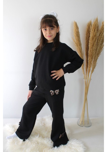 Siyah Leopar Kurdele Detaylı 3iplik Kız Çocuk Eşofman Takım fiyatları