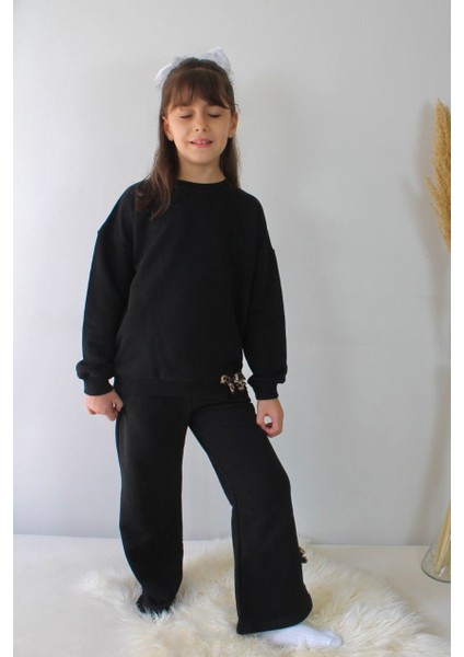 Siyah Leopar Kurdele Detaylı 3iplik Kız Çocuk Eşofman Takım modelleri