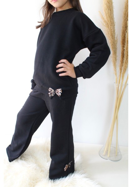 Siyah Leopar Kurdele Detaylı 3iplik Kız Çocuk Eşofman Takım indirimleri