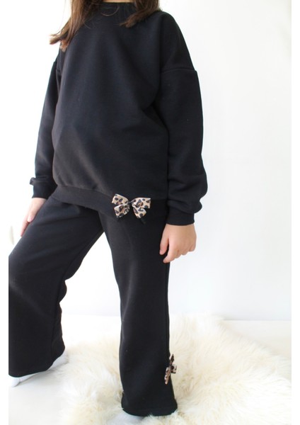 Siyah Leopar Kurdele Detaylı 3iplik Kız Çocuk Eşofman Takım