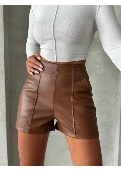 Parçalı Cepli Deri Şort Taba W26312