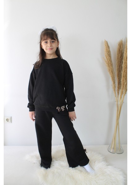 Siyah Leopar Kurdele Detaylı 3iplik Kız Çocuk Eşofman Takım