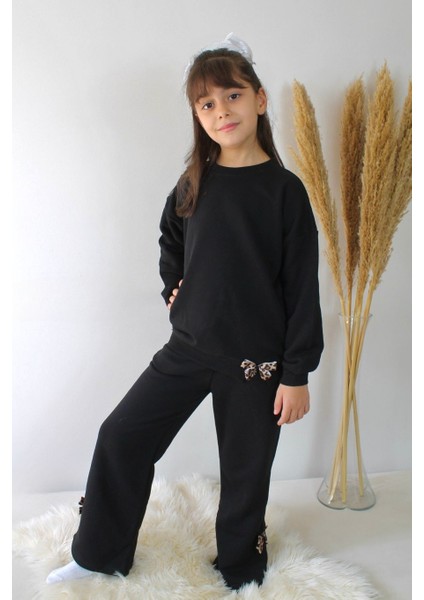 Siyah Leopar Kurdele Detaylı 3iplik Kız Çocuk Eşofman Takım fırsatları