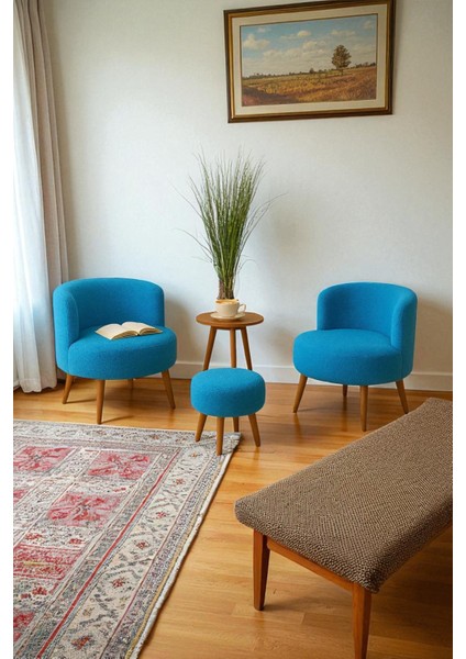 Manolya Berjer Seti Ikili Koltuk ve Puf Takımı Oturma Odası Balkon Alon Ofis 3'lü Takım