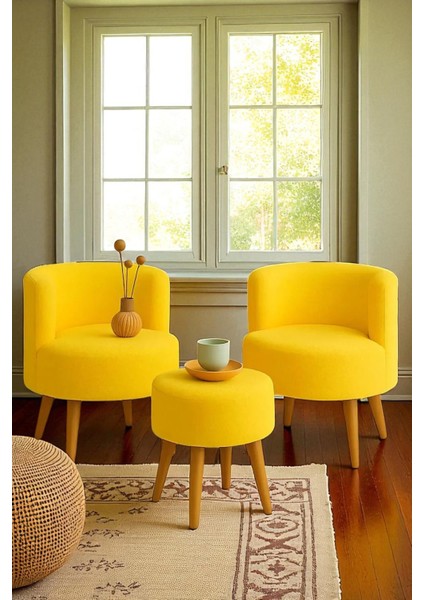 Manolya Berjer Seti Ikili Koltuk ve Puf Takımı Oturma Odası Balkon Alon Ofis 3'lü Takım