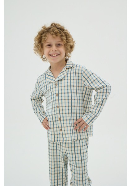 Erkek Çocuk Ekoseli Düğmeli Uzun Kollu Pijama Takımı C5T1N98 modelleri