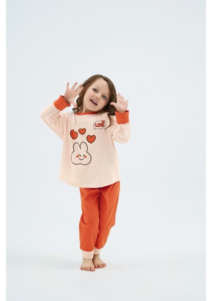 Kız Çocuk Tavşan Desenli Uzun Kollu Açık Somon Pijama Takımı C0T3N98