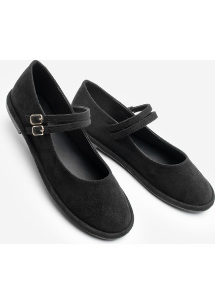 Kadın Çift Bantlı Tokalı Süet Babet Benus Siyah Süet