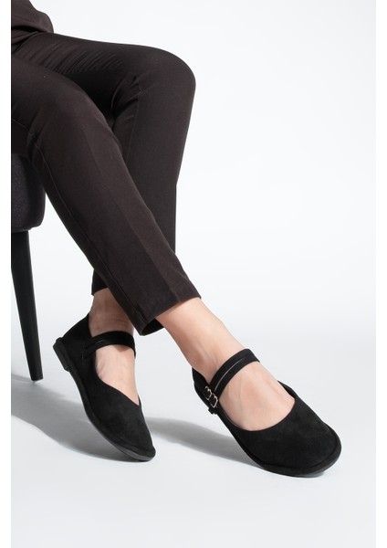 Kadın Çift Bantlı Tokalı Süet Babet Benus Siyah Süet fiyatları