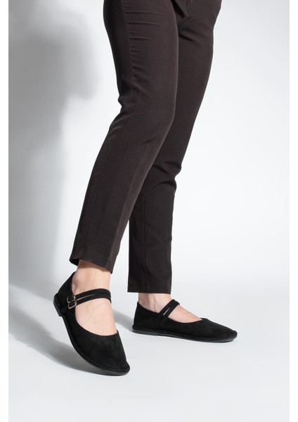 Kadın Çift Bantlı Tokalı Süet Babet Benus Siyah Süet fırsatları