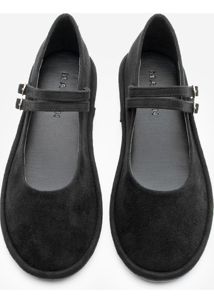 Kadın Çift Bantlı Tokalı Süet Babet Benus Siyah Süet