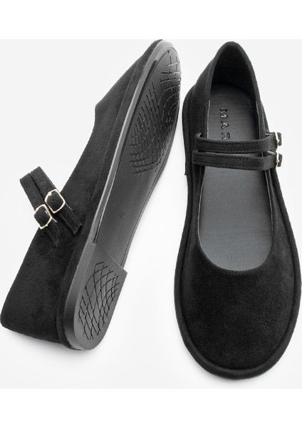 Kadın Çift Bantlı Tokalı Süet Babet Benus Siyah Süet