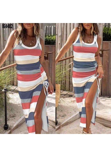 Kadın Kolsuz Şerit Desenli Büzgü Yırtmaçlı Pegasus Kumaş Elbise, Kırmızı Gül Figürlü Kolye Hediye fiyatları