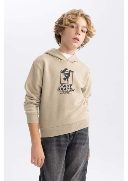 Erkek Çocuk Baskılı Kapüşonlu Sweatshirt