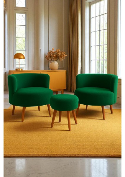 Manolya Berjer Seti Ikili Koltuk ve Puf Takımı Oturma Odası Balkon Alon Ofis 3'lü Takım