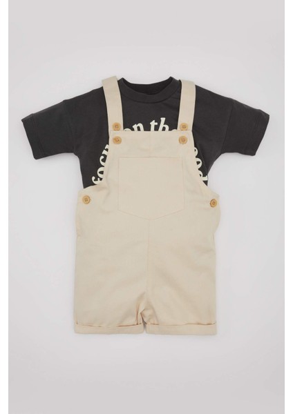 Erkek Bebek 2'li Takım Bisiklet Yaka Baskılı Kısa Kollu Tişört Salopet B8079A524SM