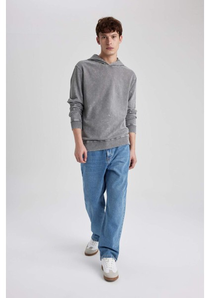 Regular Fit Kapüşonlu Yıkamalı Soluk Efektli Basic Düz Sweatshirt B9220AX23WN