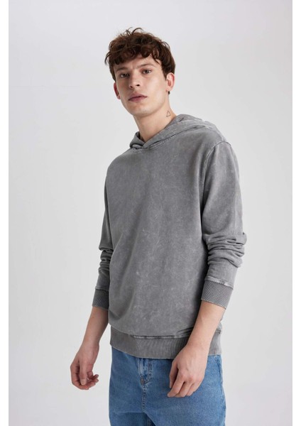 Regular Fit Kapüşonlu Yıkamalı Soluk Efektli Basic Düz Sweatshirt B9220AX23WN