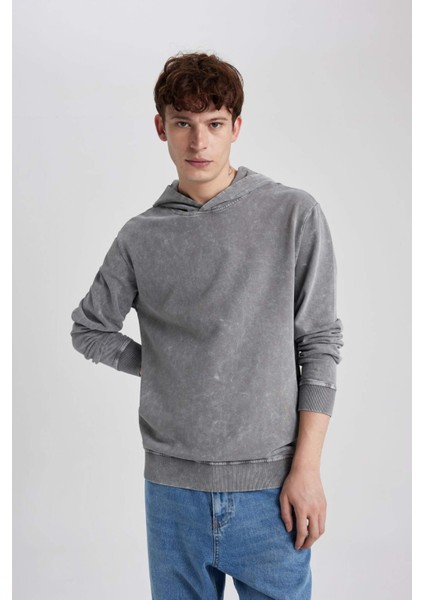 Regular Fit Kapüşonlu Yıkamalı Soluk Efektli Basic Düz Sweatshirt B9220AX23WN